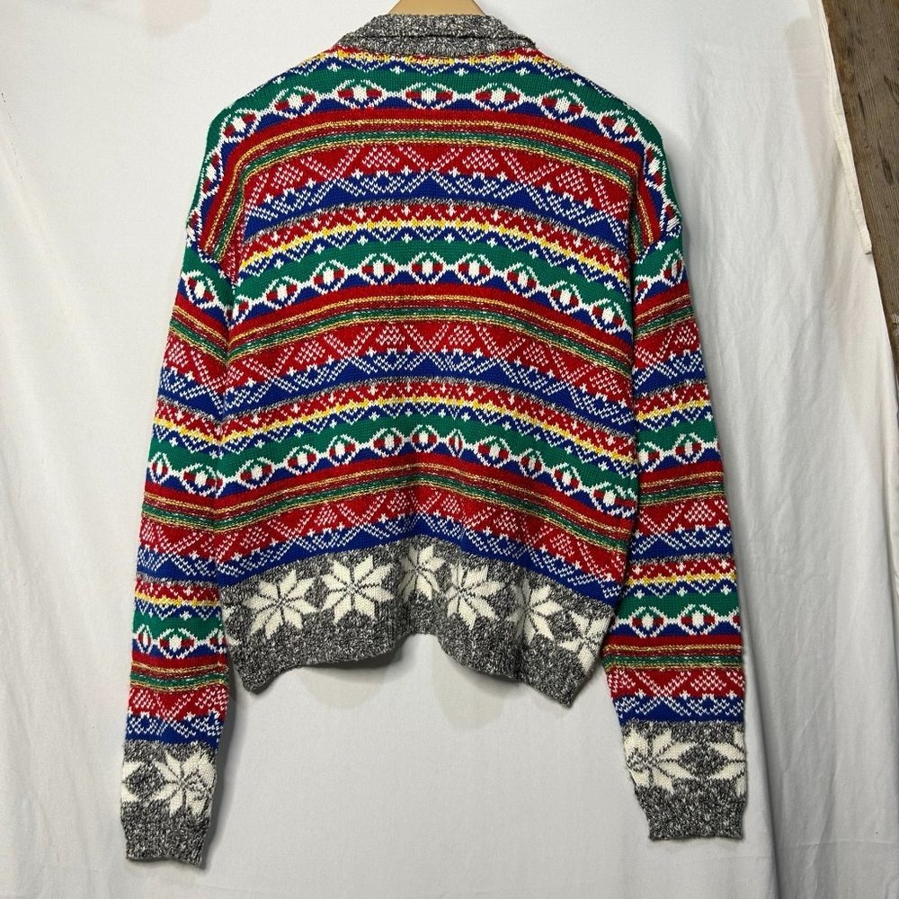 Vintage Lizwear Fair Isle Snowflake Cardigan Sweater Multi Color Mock Neck L - Picture 5 of 5